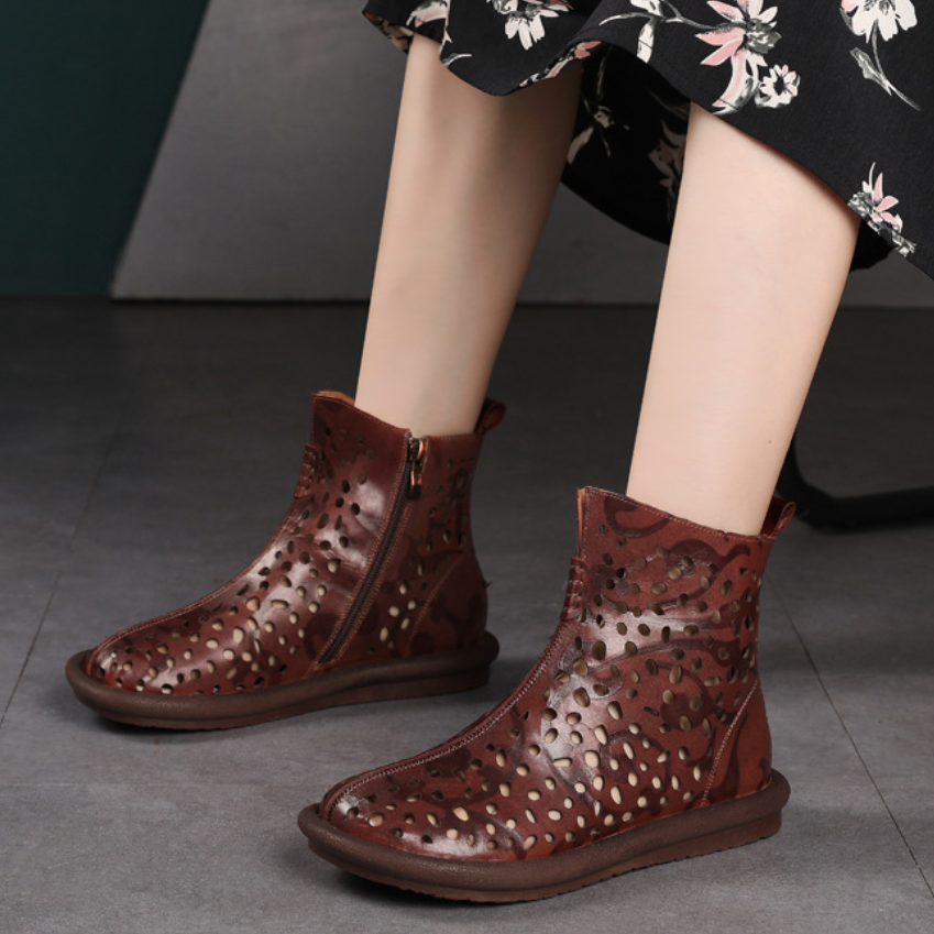 Summer New National Style Retro Breathable Chunky Sole Hollow Woven Brogue Zipper Genuine Leather Embossing Women Ankle High Top Knight Boots 60122