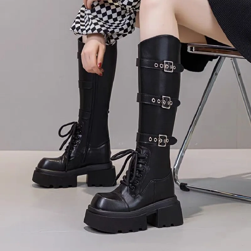 Spring Autumn New Punk Style Height Increasing Platform Belt Buckle Genuine Leather Women Knee-High Long Equestrian Boots 2410
