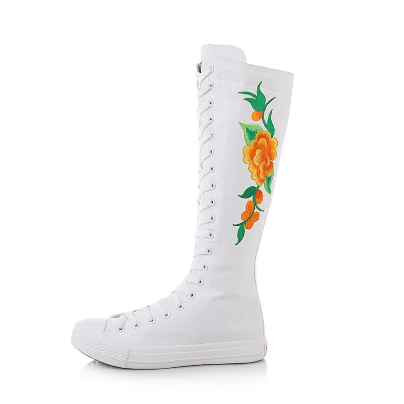 Women Dance Shoes Korean Style Slim Cross-tied Embroider Flowers Plus Size 42 43 Canvas Ladies Knee-High Long Equestrian Boots
