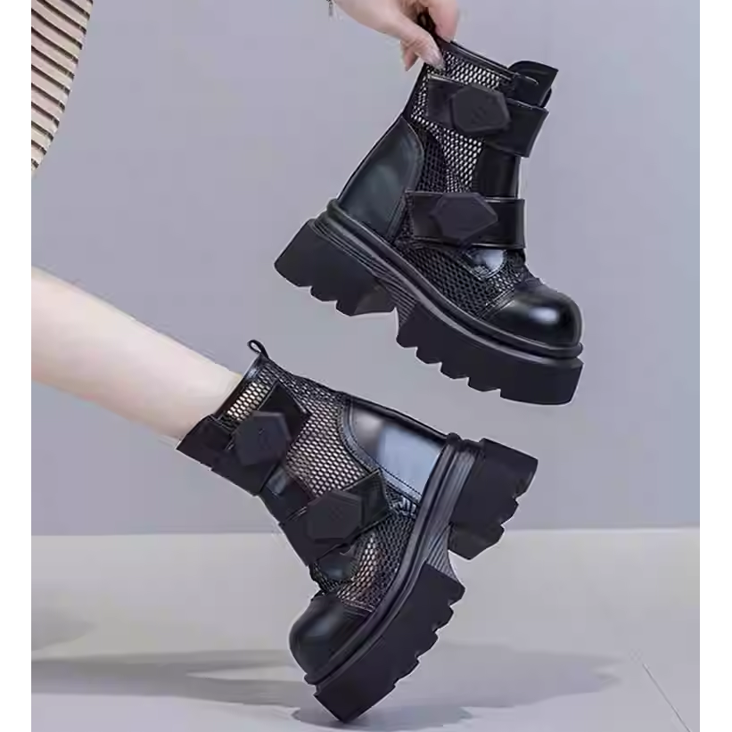 Women's Summer Fashion 12 CM Block Heel Height Increasing Round Toe Hook Loop Leather & Mesh Shoes Hollow-Out Breathable Slim Ankle Boots 60122