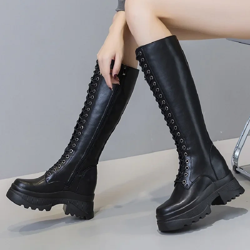 Spring Autumn Fashion Slim Height Increasing Platform Cross-tied Genuine Leather Women Knee-High Long Riding Equestrian Boots