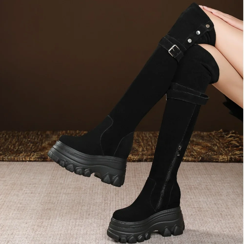 Spring Autumn Winter New Slim Height Internal Platform Belt Buckle Button Genuine Leather Women Over-the-Knee Long Stretch Boots