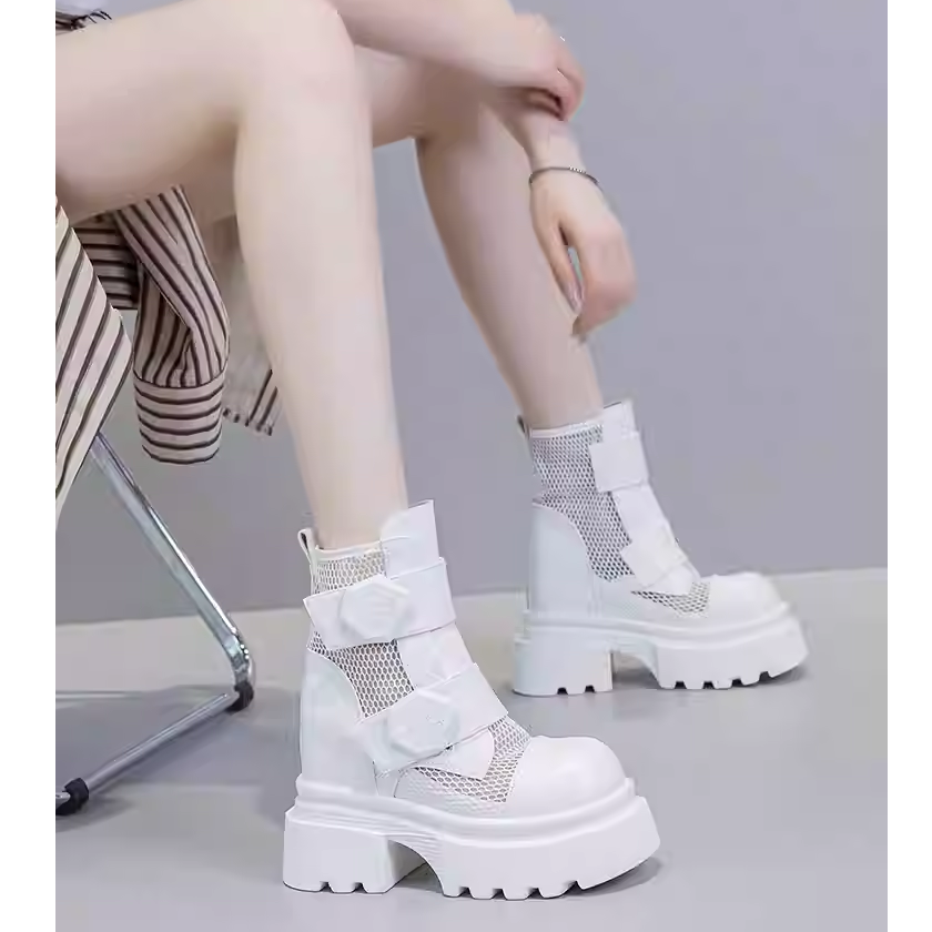Women's Summer Fashion 12 CM Block Heel Height Increasing Round Toe Hook Loop Leather & Mesh Shoes Hollow-Out Breathable Slim Ankle Boots 60122