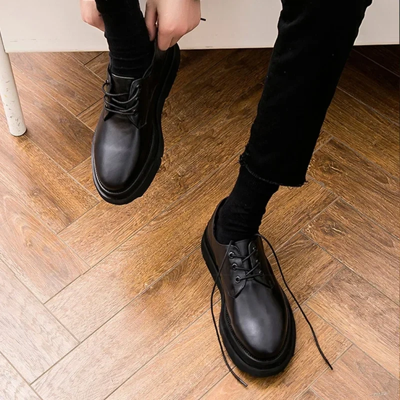 Spring Autumn New British Style Chunky Bottom Platform Lace-Up Black Size 38-44 Genuine Leather Men Business Derby Shoes 2312