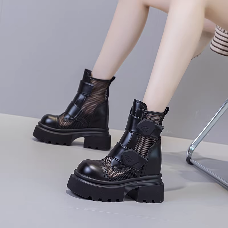 Women's Summer Fashion 12 CM Block Heel Height Increasing Round Toe Hook Loop Leather & Mesh Shoes Hollow-Out Breathable Slim Ankle Boots 60122