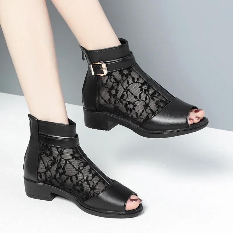 Summer New Fashion Thick Heels Peep Toe Embroidery Buckle Belt Cut Out Mesh Genuine Leather Women Ankle Short Gladiator Boots
