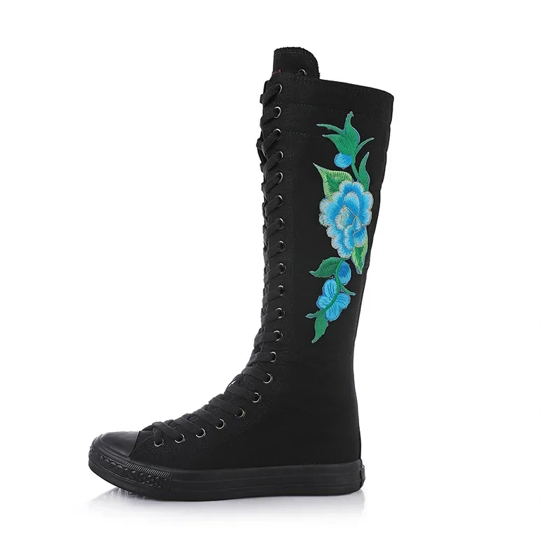 Women Dance Shoes Korean Style Slim Cross-tied Embroider Flowers Plus Size 42 43 Canvas Ladies Knee-High Long Equestrian Boots