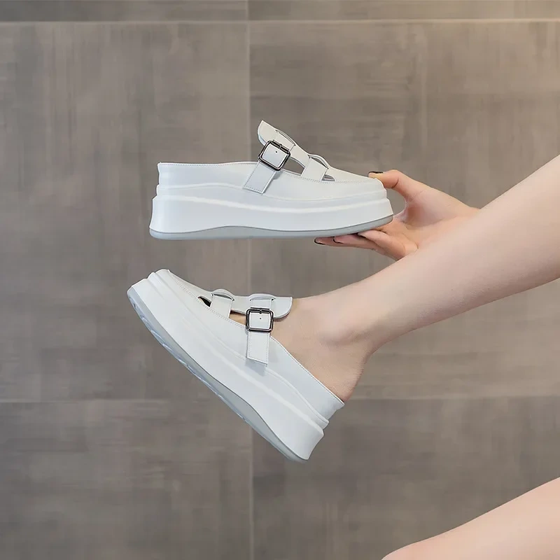 Women Slippers Summer New Fashion Height Increasing Platform Narrow Band Buckle Belt Cut Out Genuine Leather Ladies Sandals 2304