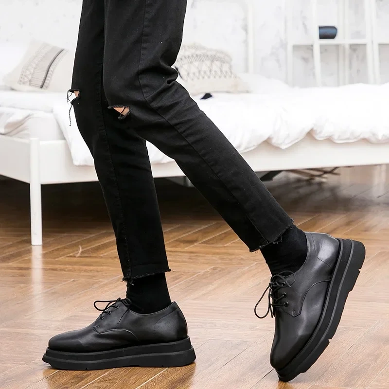 Spring Autumn New British Style Chunky Bottom Platform Lace-Up Black Size 38-44 Genuine Leather Men Business Derby Shoes 2312
