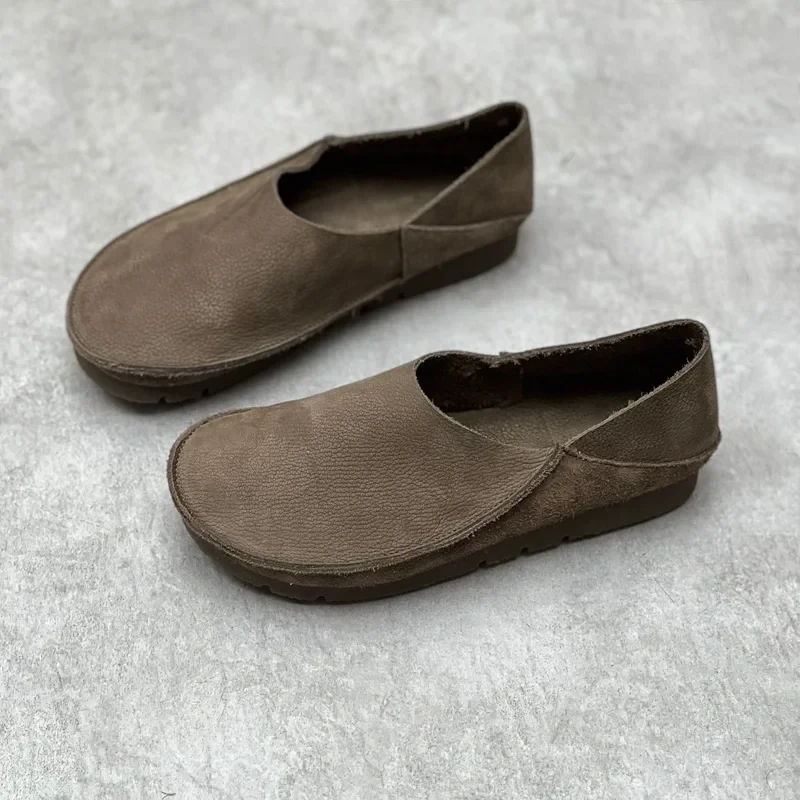 Women Flats Spring Autmun New Leisure Retro Chunky Bottom Square Toe Sewing Slip-On Genuine Leather Ladies Casual Lazy Shoes 230
