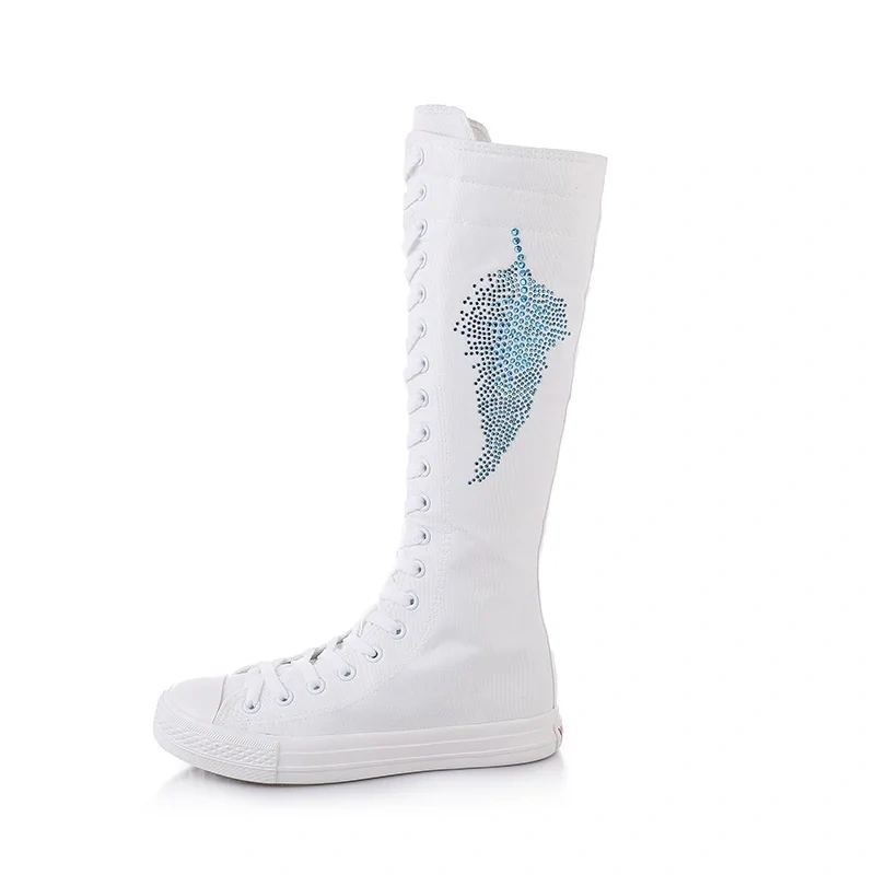 Korean Style Slim Women Knee-High Long Lace Up Boots Flat Heels Cross-tied Crystal Plus Size 42 43 Canvas Ladies Dance Shoes
