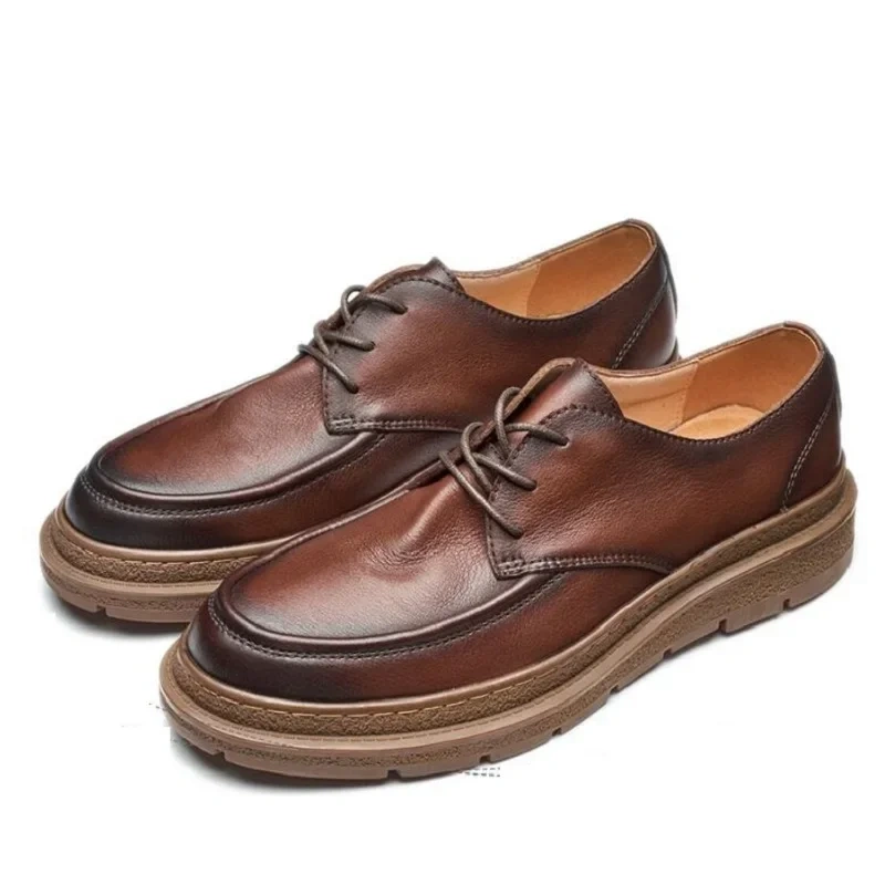 Spring Autumn New British Style Retro Chunky Bottom Sewing Breathable Lace-Up Genuine Leather Male Business Derby Shoes 2305