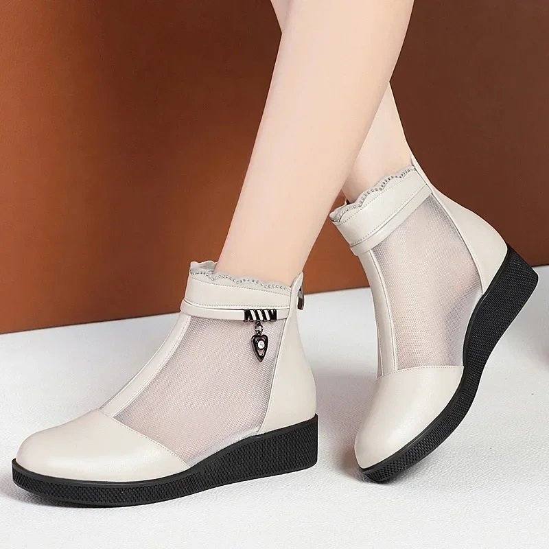 Summer New Fashion Wedges Round Toe Cut Out Mesh Crystal String Bead Sewing Genuine Leather Women Ankle Short Modern Boots 2304