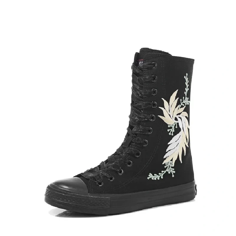 Korean Style Fashion Slim Casual High-top Plus Size 42 43 Canvas Cross-tied Ladies Dance Shoes Zipper Women Mid-Calf Half Boots