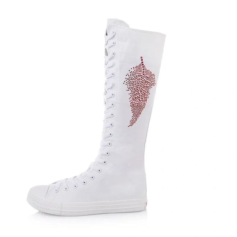 Korean Style Slim Women Knee-High Long Lace Up Boots Flat Heels Cross-tied Crystal Plus Size 42 43 Canvas Ladies Dance Shoes