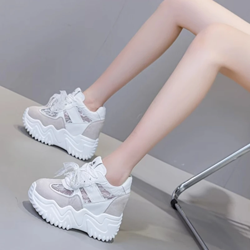 Women's Summer 12 CM Platform Wedge Height Increasing Genuine Leather & Mesh Sweet Sneakers Pearl Lace-Up Ribbon Ankle Strap Shoes 60122