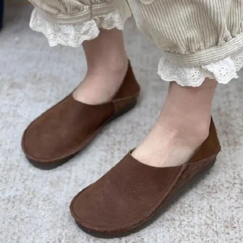 Women Flats Spring Autmun New Leisure Retro Chunky Bottom Square Toe Sewing Slip-On Genuine Leather Ladies Casual Lazy Shoes 230