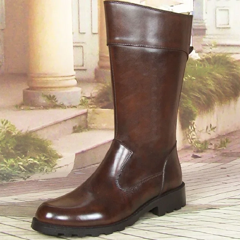Spring Autumn British Style Thick Heels Brown Genuine Leather Men Mid-Calf Knight Boots Male Half Equestrian Botas 0928