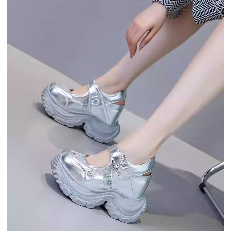 Women's Summer 12 CM Platform Mary Jane Genuine Leather Lace Mesh Flowers Pumps Open Heel Round Toe Hook Loop Shallow Mouth Rhinestones Bow Sandals 60122
