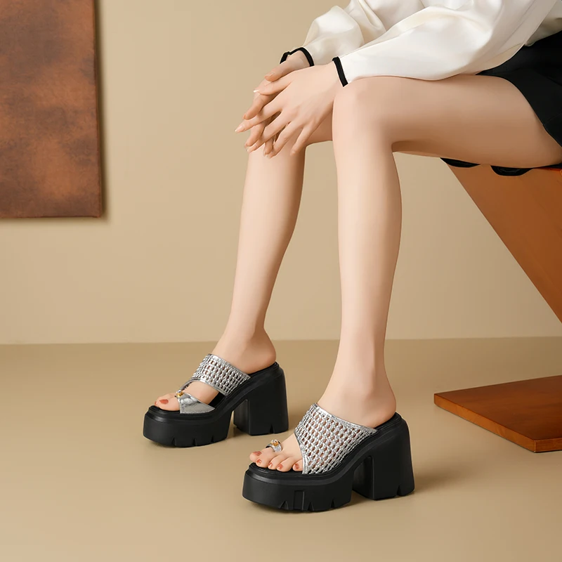 Women's Summer New Breathable Knit Open-Toe Sandals 12 CM High Heel Chunky Block Heel Toe Loop Platform Genuine Leather Fashion Slippers 60122