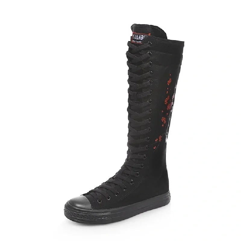 Korean Style Leisure Women Knee-High Long Equestrian Boots Cross-tied Embroider Plus Size 42 43 Canvas Ladies Sneakers 2301