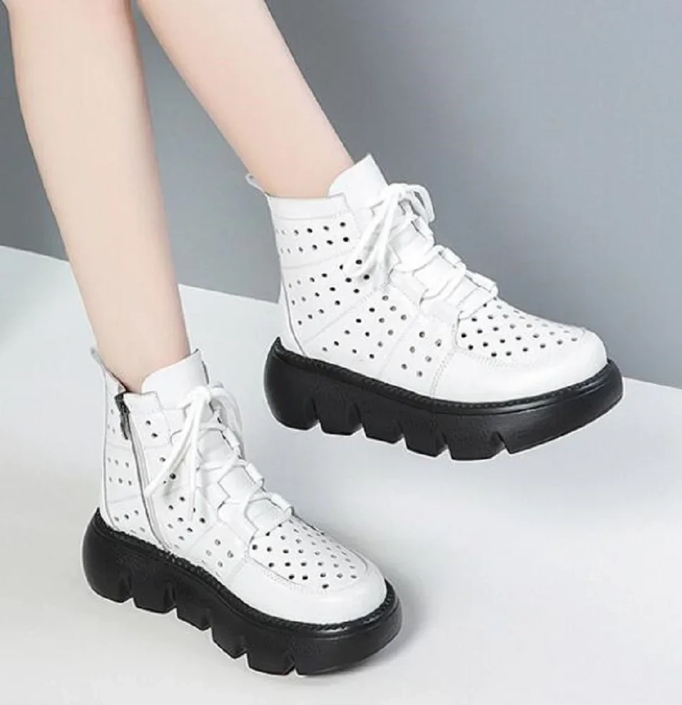Summer New Fashion Thick Bottom Platform Cut Out Hollow Cross-tied Sewing Genuine Leather Women Ankle Short Modern Boots 230412
