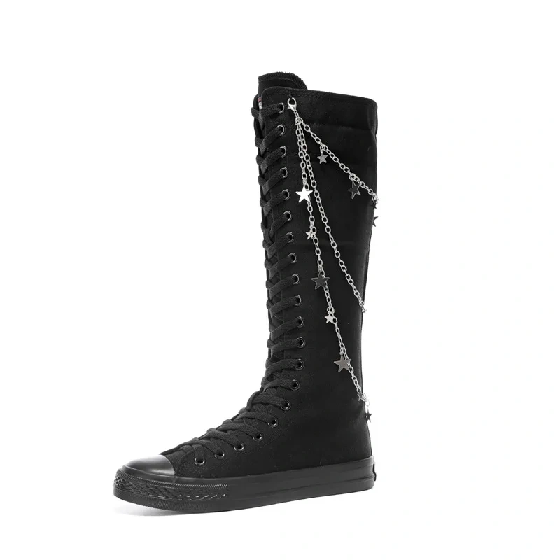 Women Knee-High Knight Boots Punk Style Slim Flat Sole Chic Metal Chain Cross-tied Plus Size 42 43 Canvas Ladies Sneakers