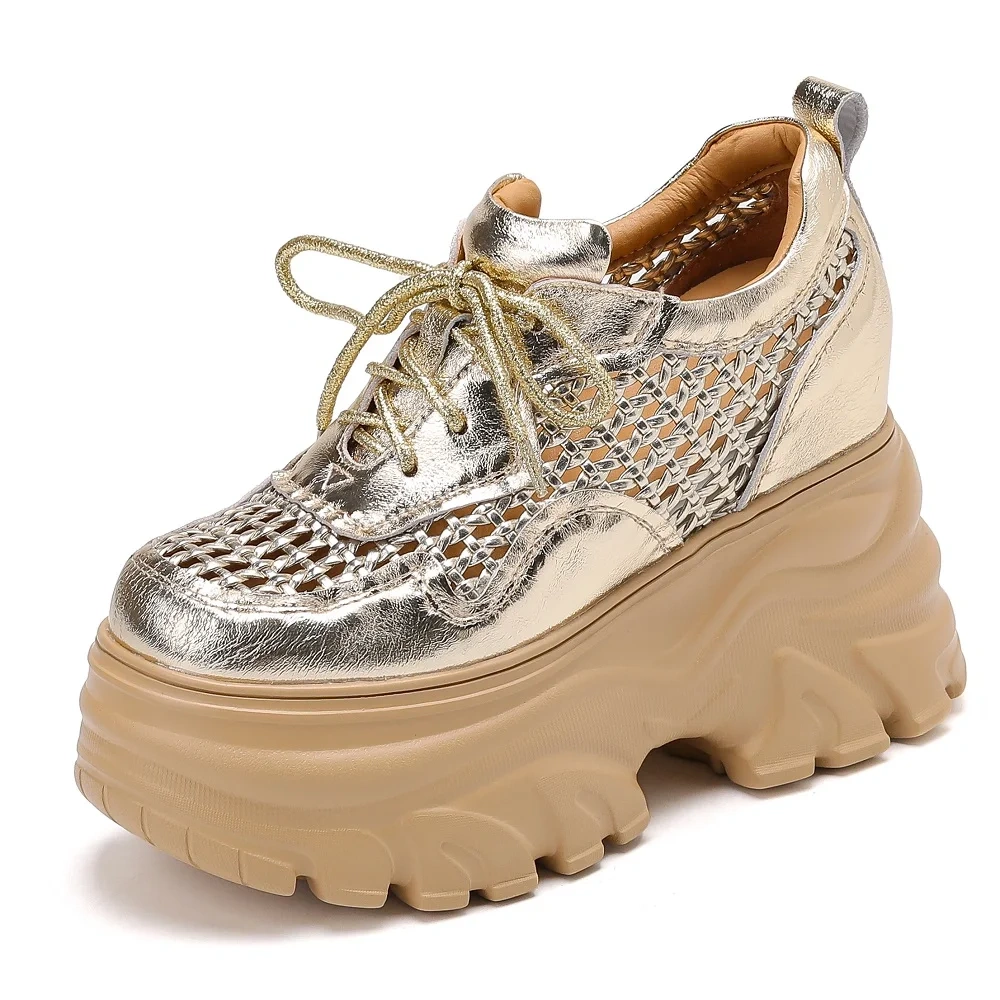 Women Spring  Autumn New 12 CM Thick Platform Sneakers Genuine Leather Hollow Out Breathable  Hidden Wedge Heel Shoes 50423