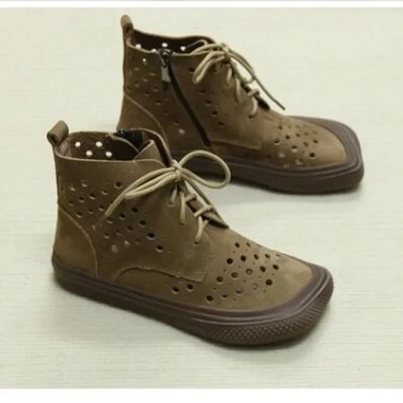 Summer New British Style Retro Chunky Bottom Hollow Cut Out Sewing Cross-tied Genuine Leather Women Ankle Short Boots 230413