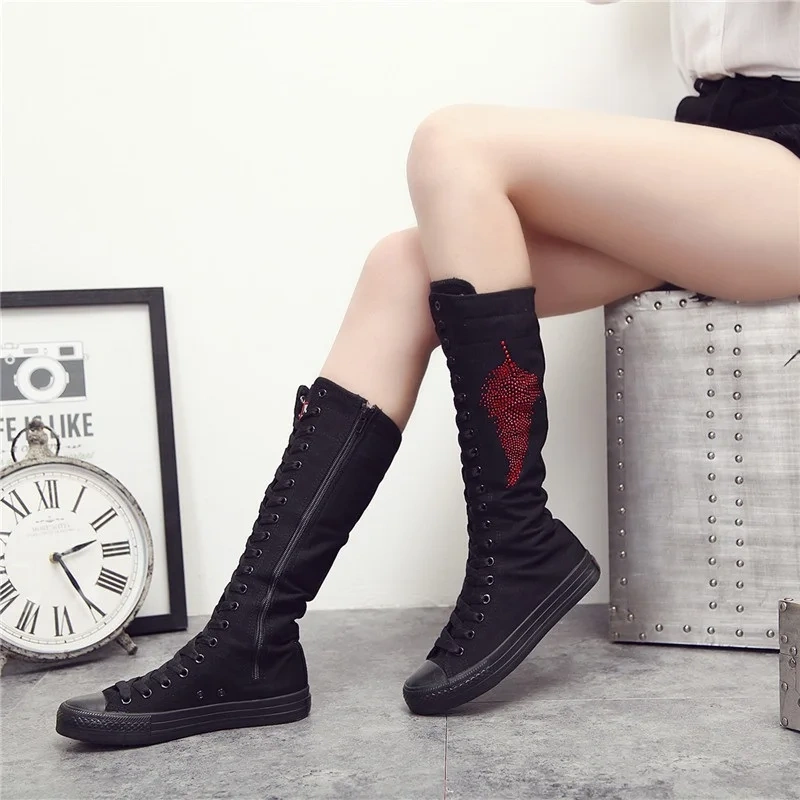 Korean Style Slim Women Knee-High Long Lace Up Boots Flat Heels Cross-tied Crystal Plus Size 42 43 Canvas Ladies Dance Shoes