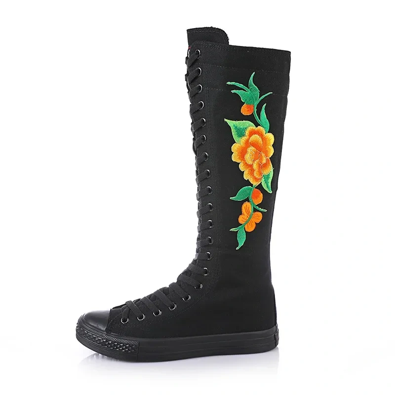 Women Dance Shoes Korean Style Slim Cross-tied Embroider Flowers Plus Size 42 43 Canvas Ladies Knee-High Long Equestrian Boots