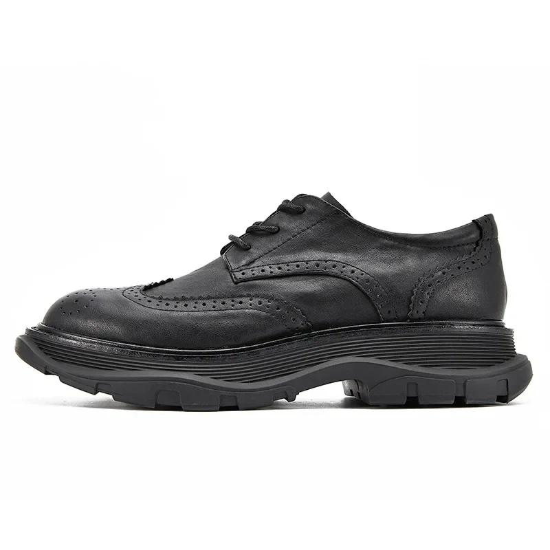 Spring Autumn New British Style Retro Chunky Bottom Cross-tied Brogue Sewing Genuine Leather Men Business Derby Shoes 2305