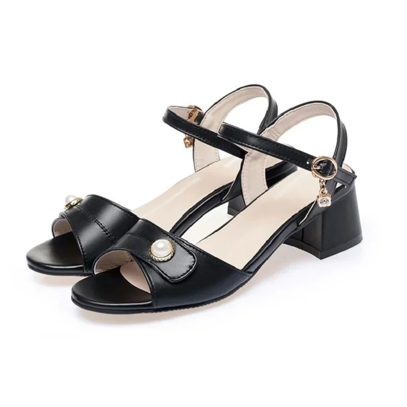 Summer New Fashion Thick High Heels Peep Toe Cut-outs Buckle Rhinestone Plus Size 40 41 Genuine Leather Women Gladiator Sandals