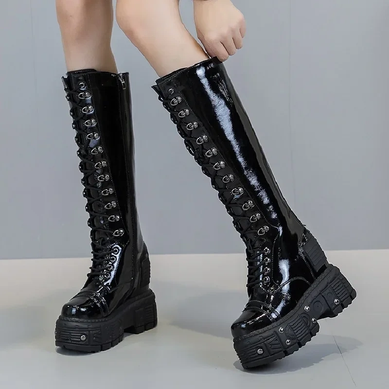 Spring Autumn Winter New Slim Height Increasing Platform Rivet Cross-tied Patent Leather Women Knee-High Long Modern Boots 41217