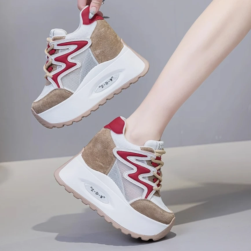Women New Spring Summer Autumn 12 CM Thick Sole Inner Heightening 6 CM Platform Shoes Real Leather Mesh Lace Up Sneakers 50403
