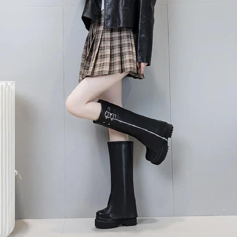 Winter New Punk Style Slim Height Increasing Platform Belt Buckle Rivet Genuine Leather Women Knee-High Long Foldover Boots 2411