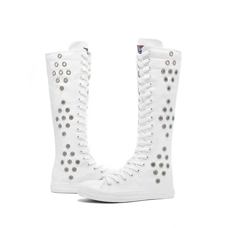 Women Dance Shoes Korean Style Fashion Flat Sole Rhinestone Cross-tied Sewing Canvas Ladies Knee-High Long Equestrian Boots 2301