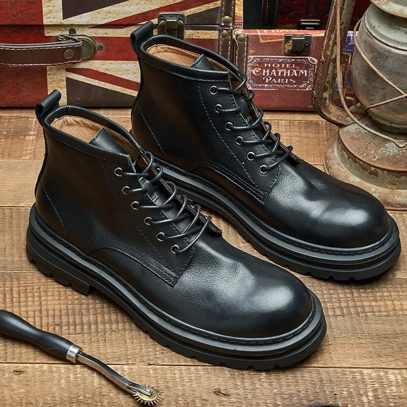Spring Autmun New Arrival British Style Retro Thick Heels Sewing Genuine Leather Men Ankle Short Motorcycle Boots Winter Plush