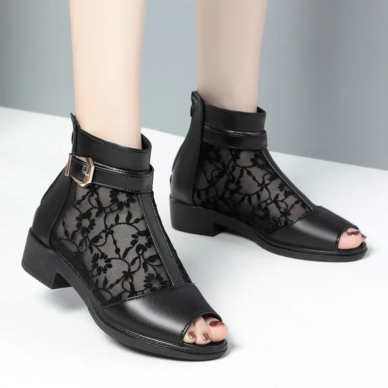 Summer New Fashion Thick Heels Peep Toe Embroidery Buckle Belt Cut Out Mesh Genuine Leather Women Ankle Short Gladiator Boots