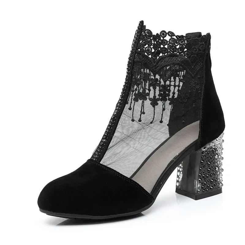 Summer New Arrival Fashion Thick High Heels Crystal Embroidery Cut Out Mesh Genuine Leather Women Ankle Short Modern Boots 2304