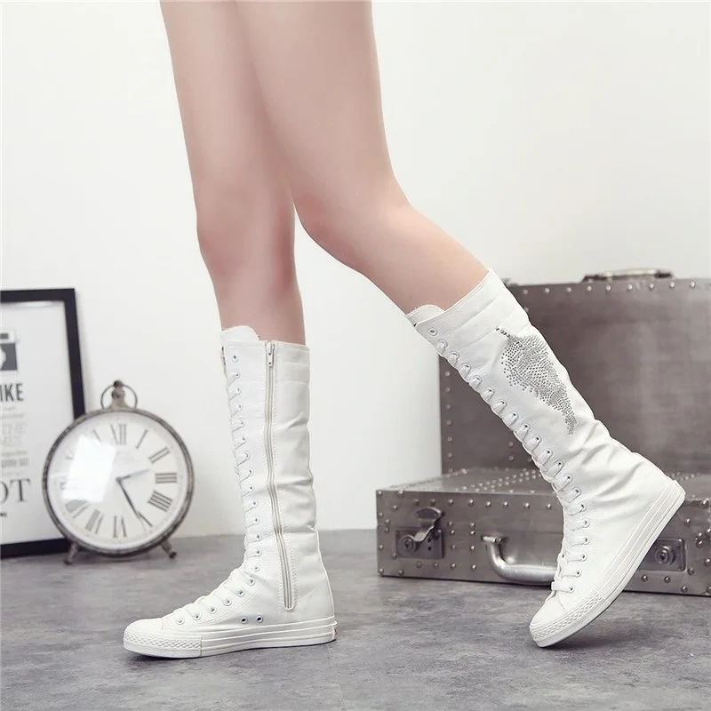 Korean Style Slim Women Knee-High Long Lace Up Boots Flat Heels Cross-tied Crystal Plus Size 42 43 Canvas Ladies Dance Shoes