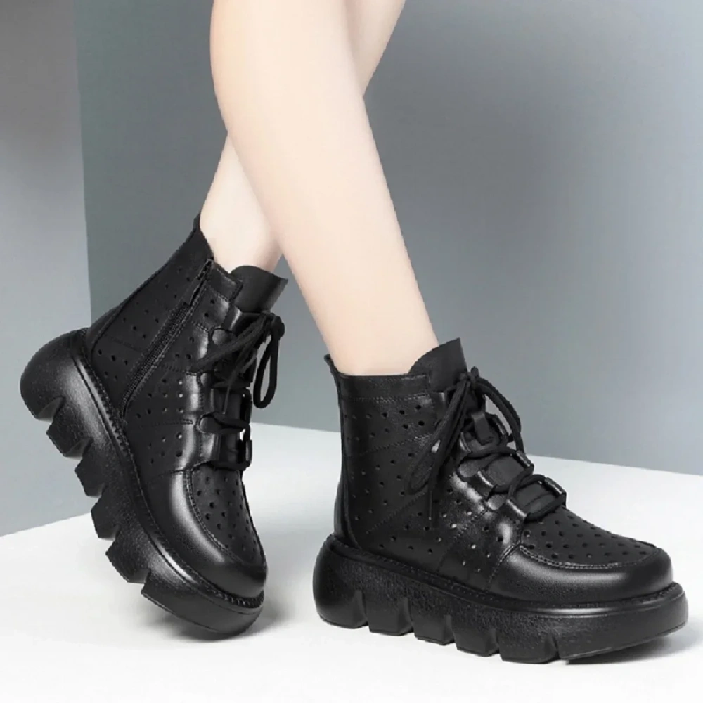 Summer New Fashion Thick Bottom Platform Cut Out Hollow Cross-tied Sewing Genuine Leather Women Ankle Short Modern Boots 230412