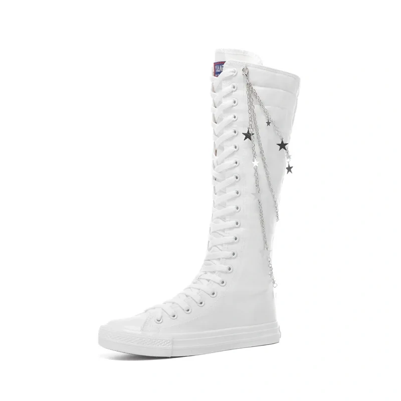 Women Knee-High Knight Boots Punk Style Slim Flat Sole Chic Metal Chain Cross-tied Plus Size 42 43 Canvas Ladies Sneakers