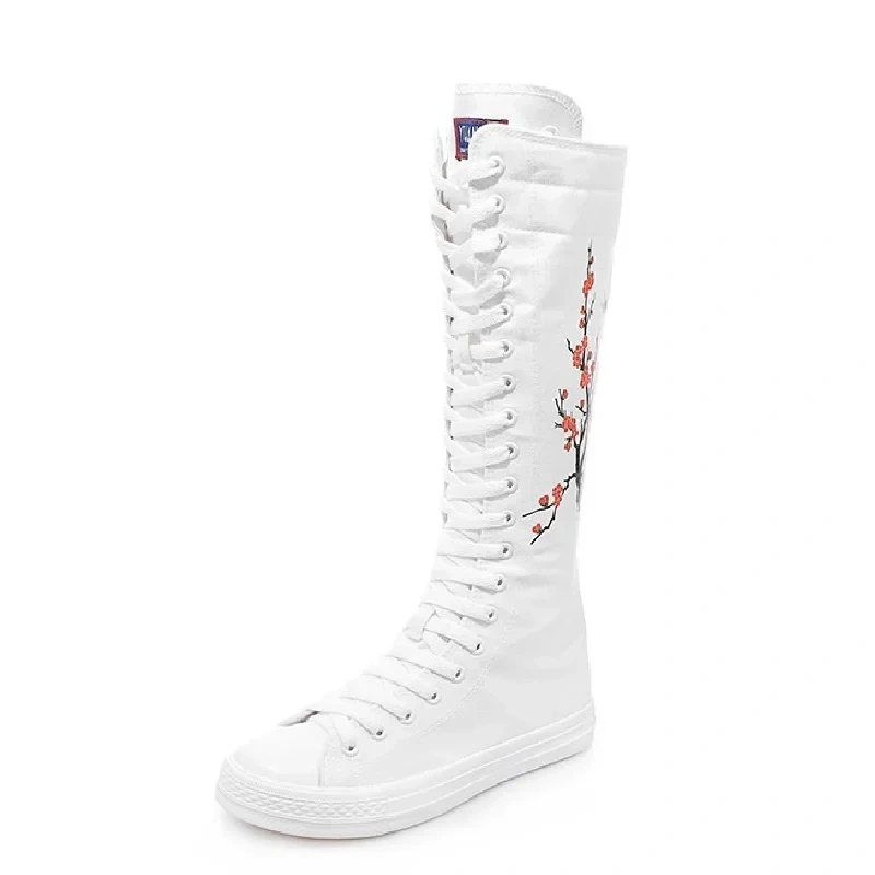 Korean Style Leisure Women Knee-High Long Equestrian Boots Cross-tied Embroider Plus Size 42 43 Canvas Ladies Sneakers 2301