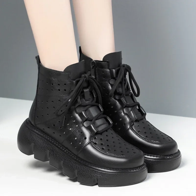 Summer New Fashion Thick Bottom Platform Cut Out Hollow Cross-tied Sewing Genuine Leather Women Ankle Short Modern Boots 230412