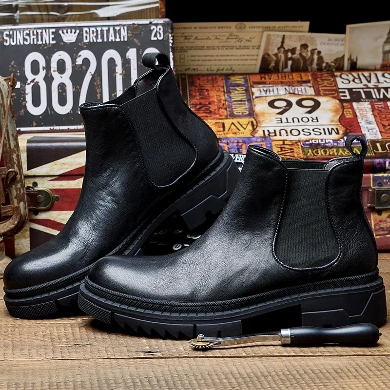 Spring Autumn Men Genuine Leather Round Toe Chunky Bottom Short Boots Thick Warm Fashion Retro Mixed Colors Single Shoes 230228