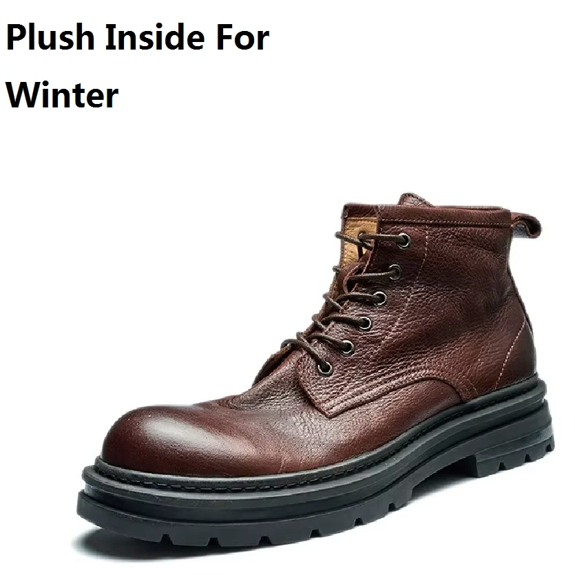 Spring Autmun New Arrival British Style Retro Thick Heels Sewing Genuine Leather Men Ankle Short Motorcycle Boots Winter Plush