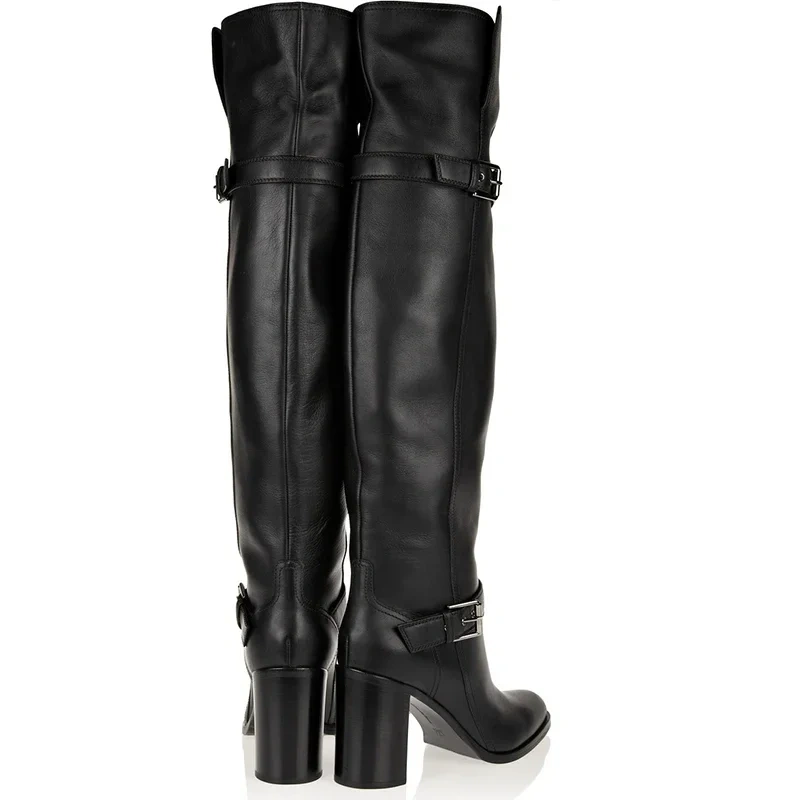 Women Winter Buckle Genuine Leather Thick High Heels Boots Real Leather Pointed Toe Over The Knee Long Boots Plus Size EU 44 45