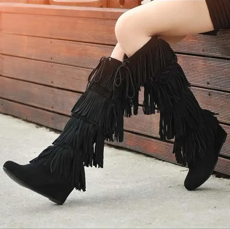 Women Spring  Autumn Fringe Genuine Leather Knee High Boots Short Plush Thick Warm Wedge High Heels Snow Long Boots 20161220