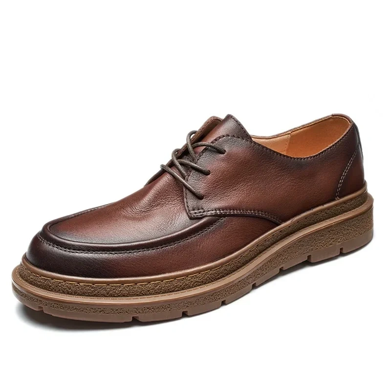 Spring Autumn New British Style Retro Chunky Bottom Sewing Breathable Lace-Up Genuine Leather Male Business Derby Shoes 2305